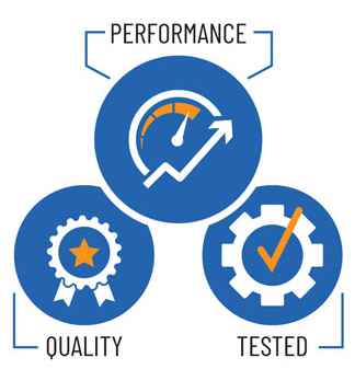PERFORMANCE and QUALITY and TESTED icon